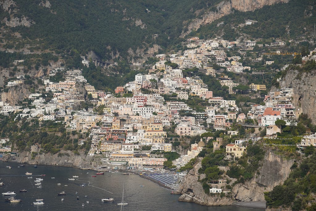 Positano from the distance. You can stop in turnouts along the Amalfi Coast for amazing views!