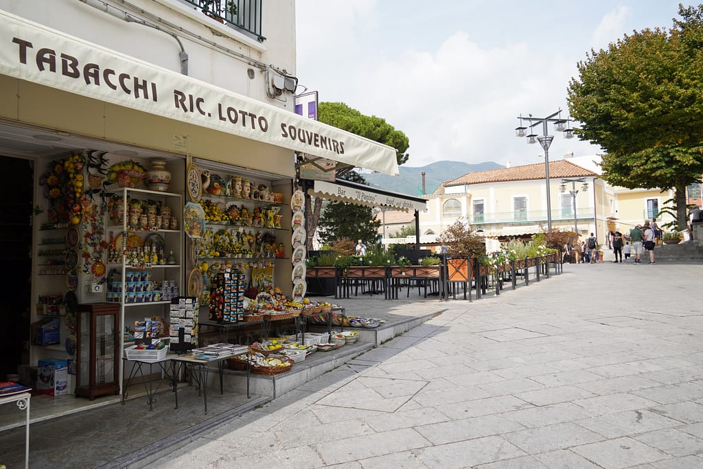 A ceramic shop opens onto the main square in Ravello, Italy.