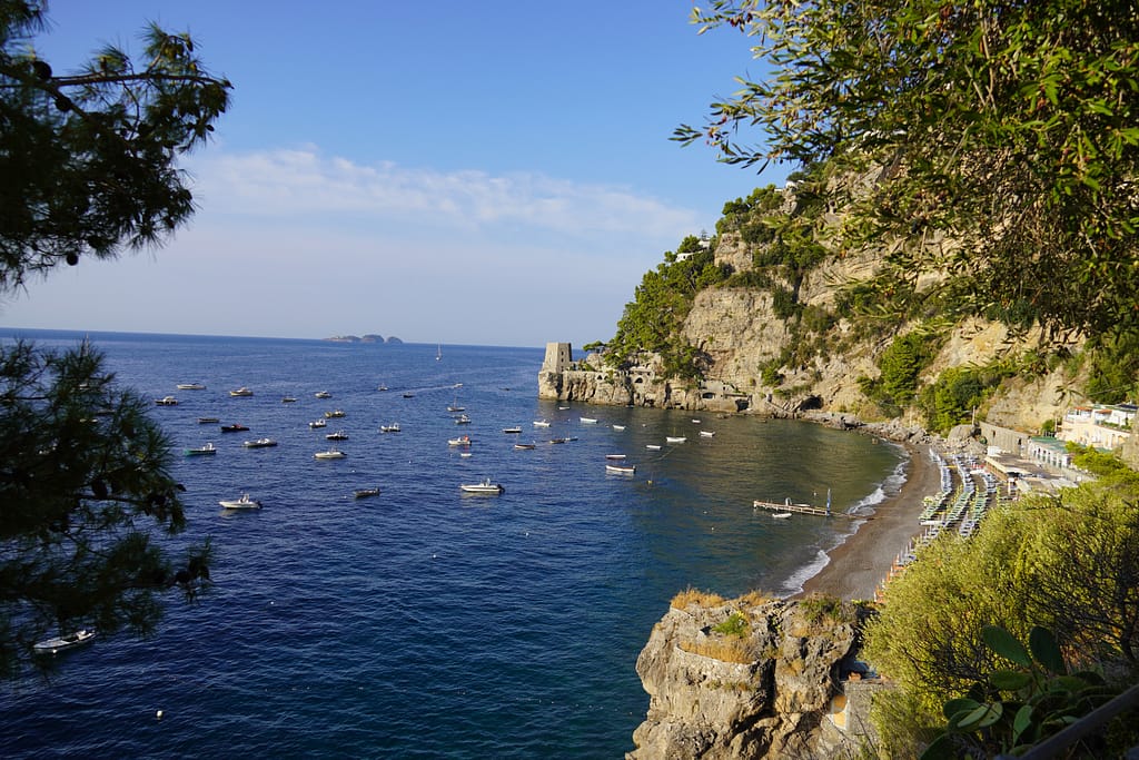 Fornillo Beach from the cliffside walking trail.