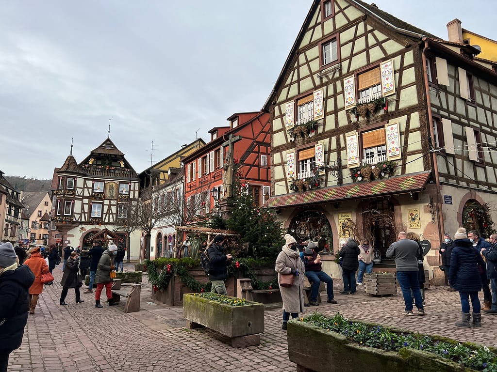 Half-timbered buildings are decorated for Christmas in the French town of Kaysersberg
