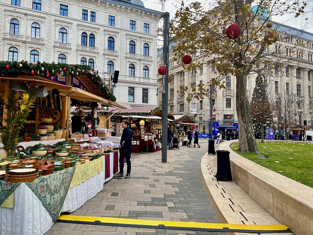 A Christmas Market stand in Budapest sells ceramics