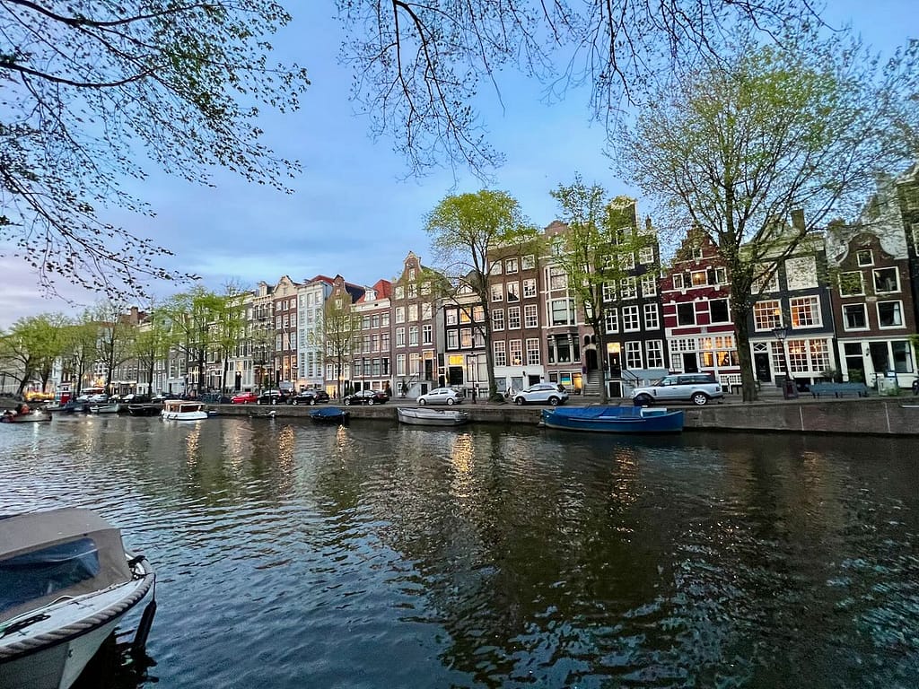 Looking across the canal at the Hotel Ambassade in Amsterdam, Netherlands