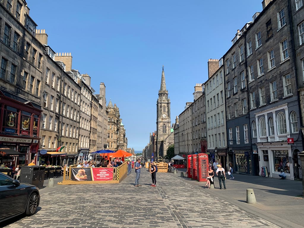 The Royal Mile in Edinburgh is an extra wide main street that is home to tons of restaurants and shops.
