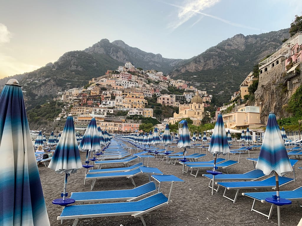 The beach in Positano, Italy. You can rent an umbrella and chair for the day!