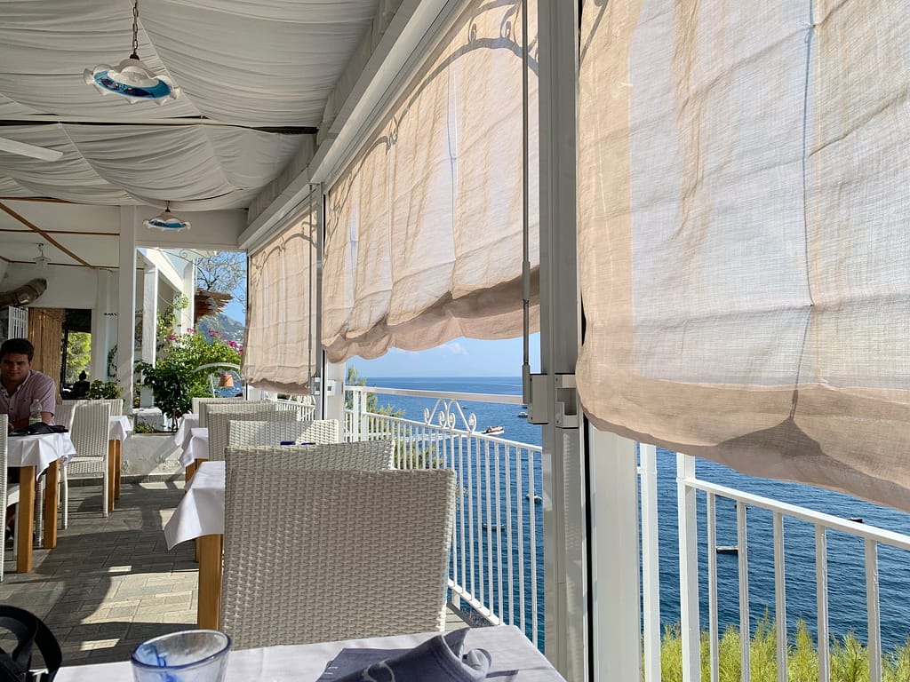 Beautiful ocean views from a pizza restaurant in Positano Italy.