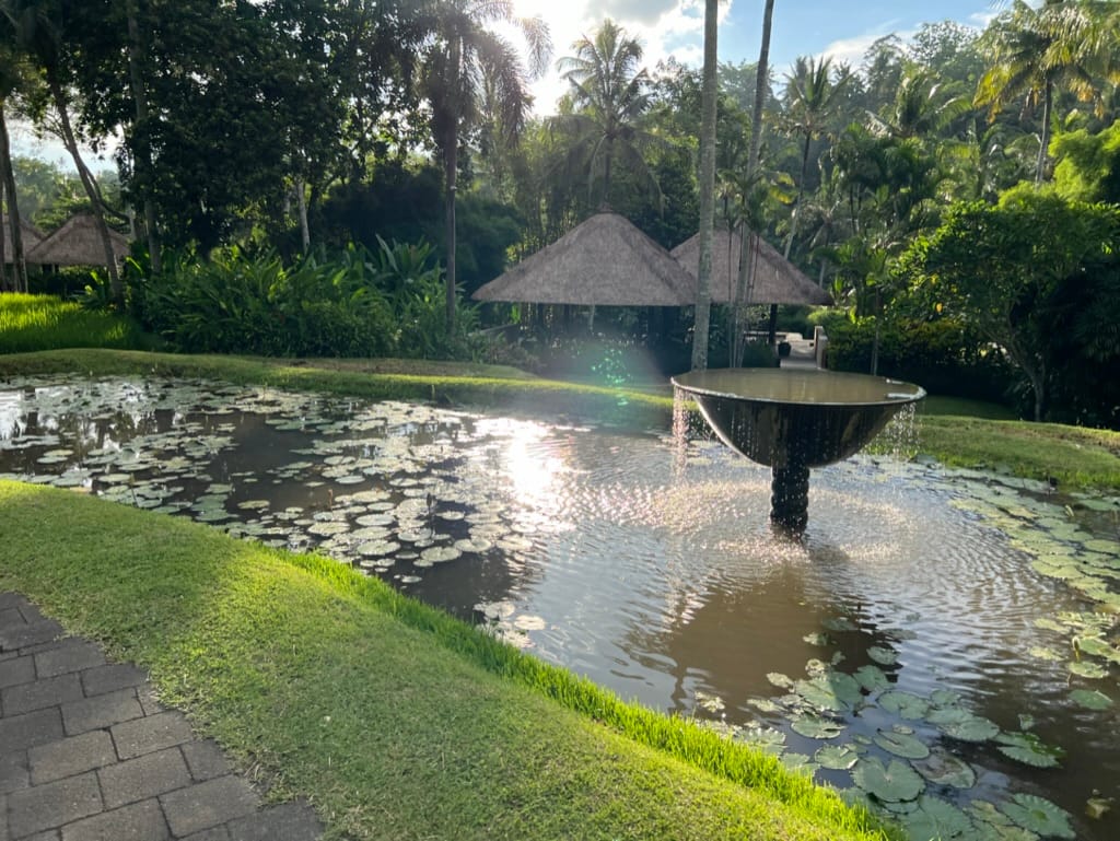 Lilypad pond with water fountain in Bali's Four Seasons Resort at Sayan.