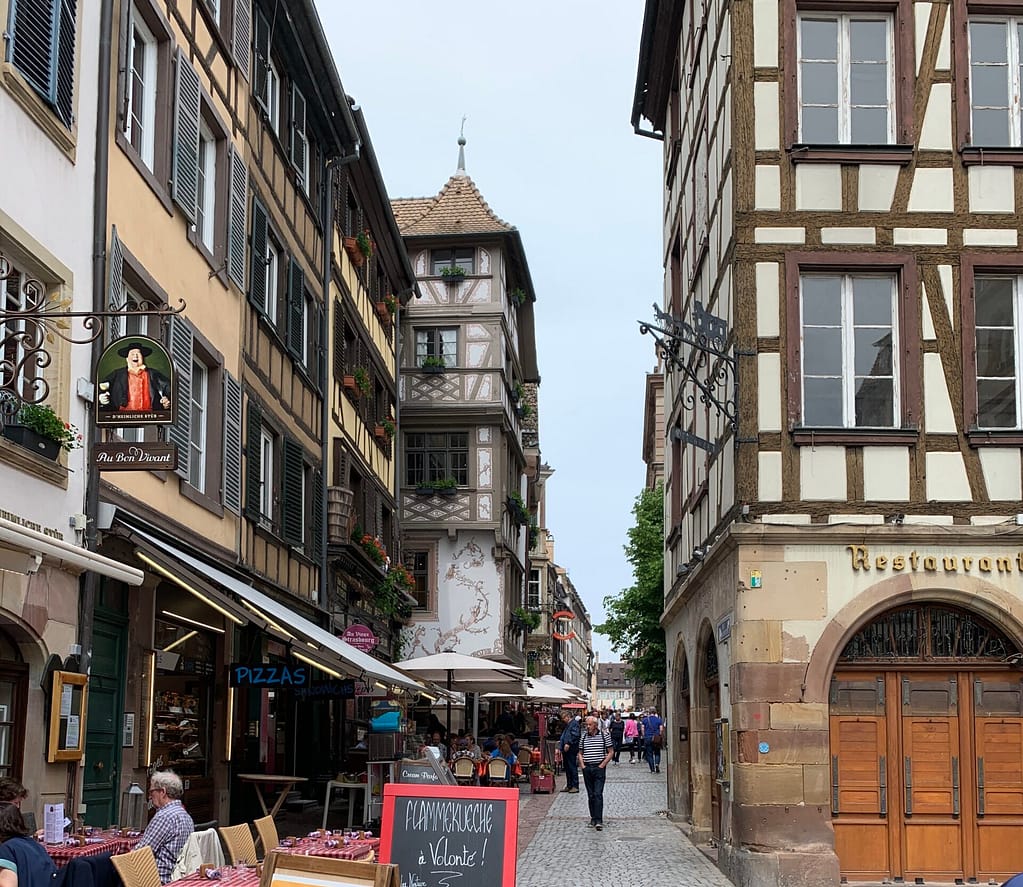 Romantic half-timbered shops line the pedestrian streets of Strasbourg