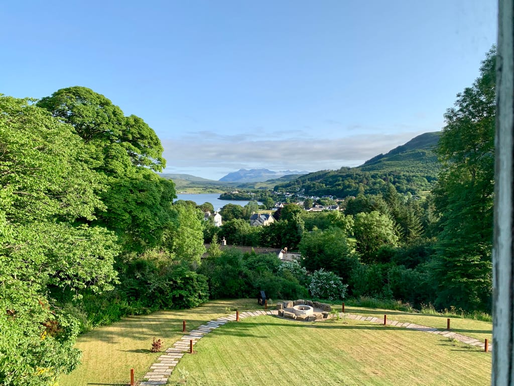 The view from a premier room at the Marmalade Hotel in Portree, Scotland. We could see parts of Portree, plus scenic views of the surrounding mountains and ocean!