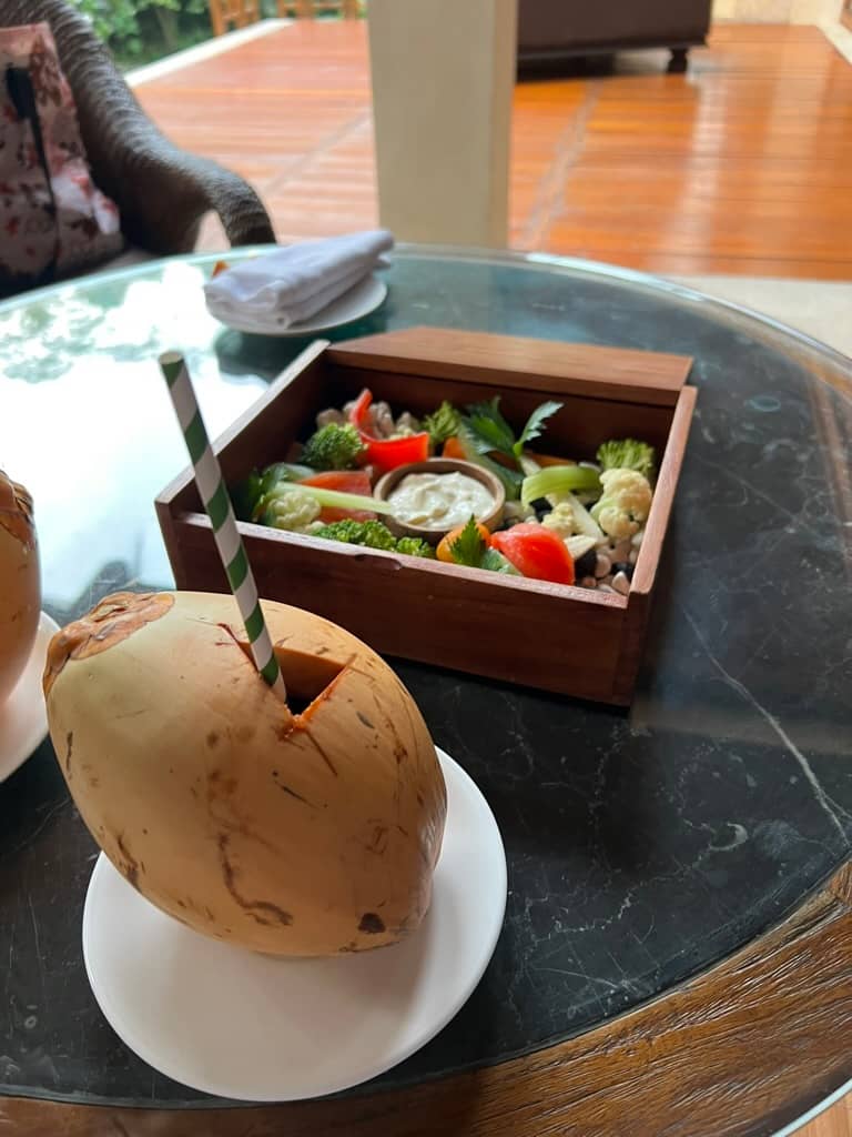 Afternoon treats at our villa included fresh vegetables and coconut milk.